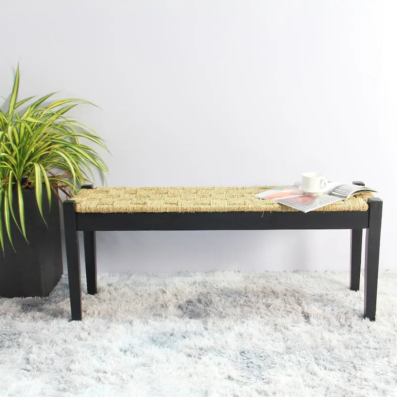 Solid Wood Natural Seagrass Indoor Bench