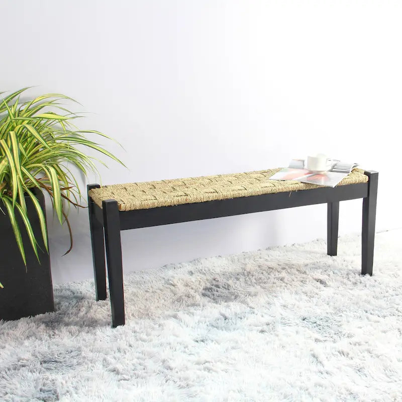 Solid Wood Natural Seagrass Indoor Bench